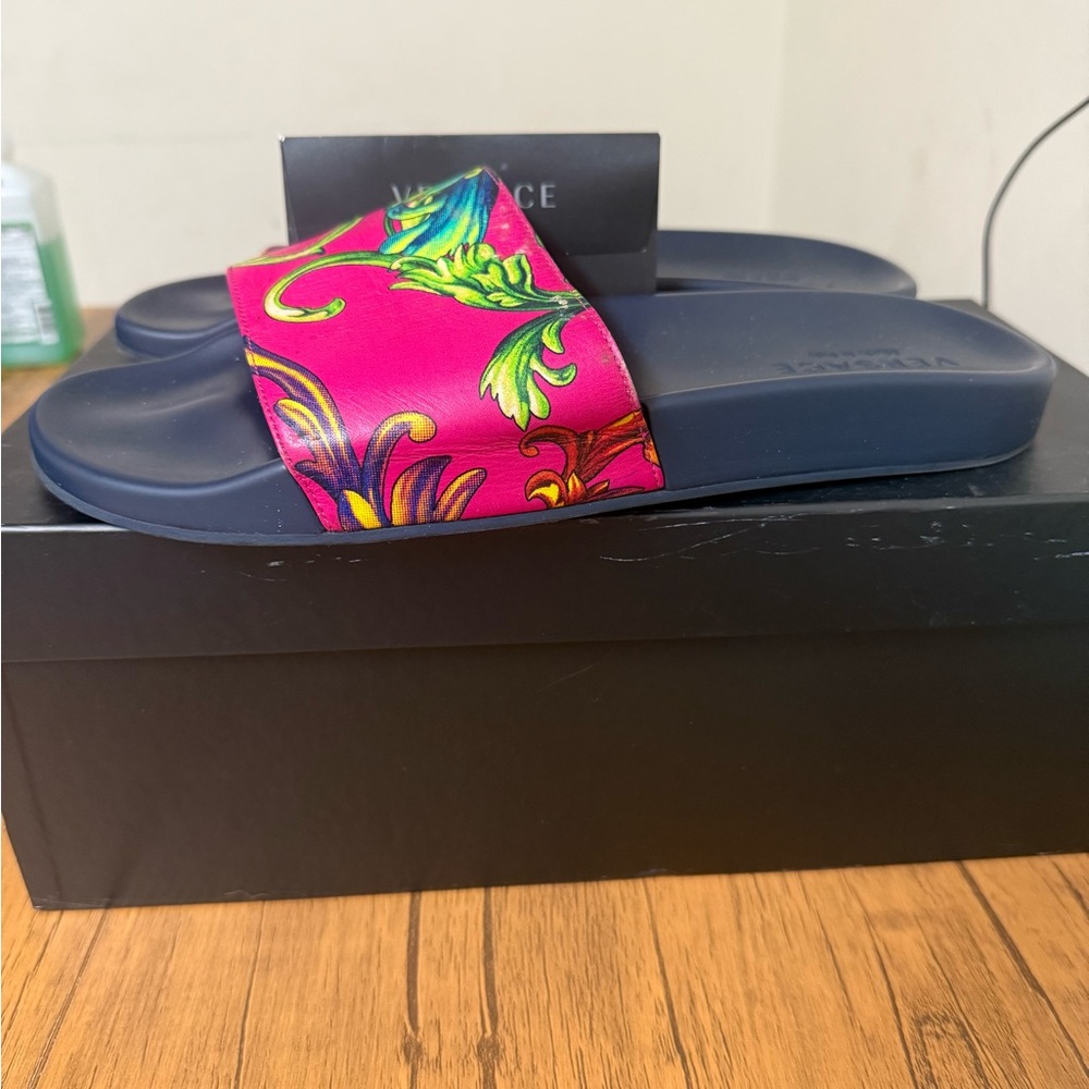 Versace Vibrant Pink and Navy Slides